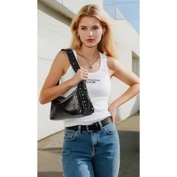 Black Studded Leather Shoulder Bag - Picture 9 of 13